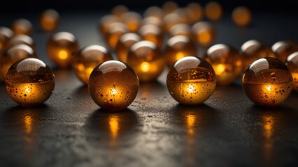 Colorful Glass Spheres on Stone Surface with Flickering Amber Lights