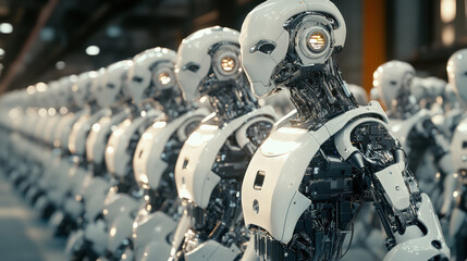 Fototapeta premium Robots ensuring consistent quality in mass production process, showcasing advanced technology and precision in modern industrial setting