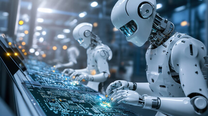 Fototapeta premium Robots performing precision soldering on advanced circuit boards in high tech environment, showcasing future of automation and technology