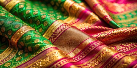 Close up of a traditional Indian silk sari, sari, silk, fabric, Indian, traditional, culture, close up, detail, colorful