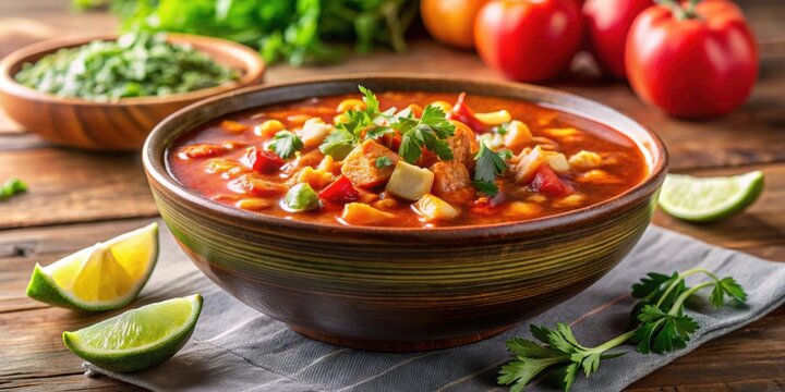 Steaming bowl of traditional Mexican menudo soup, menudo, Mexican cuisine, soup, broth, tripe, hominy, tripe soup, comfort food