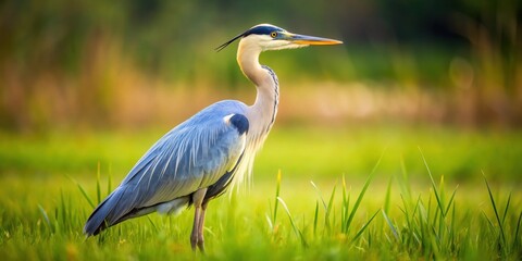 Fototapeta premium Close-up photo of a heron standing in a field, heron, wildlife, bird, nature, close-up, feathers, field