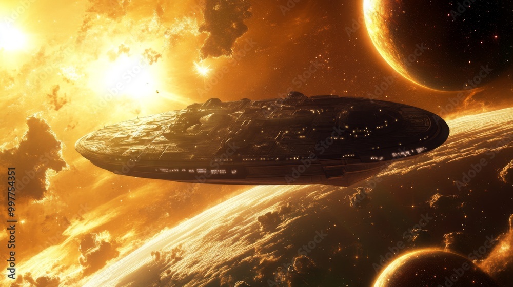 Aufkleber a sleek, futuristic spacecraft glides through the cosmos, illuminated by radiant suns and surrounded