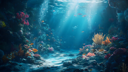 Fototapeta premium Scuba diver explores vibrant underwater world, swimming among colorful fish and coral reefs in the Red Sea