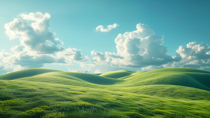 Obraz premium Green hills beneath white clouds in a clear blue sky