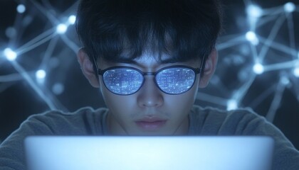 Korean Male Scientist Analyzing AI Data on Laptop at Night in Autumn Forest