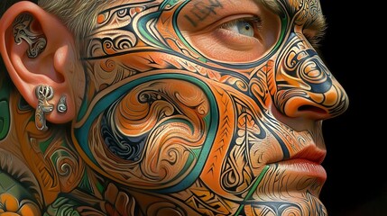 Fototapeta premium Portrait of Man with Detailed Face Tattoo Abstract Art
