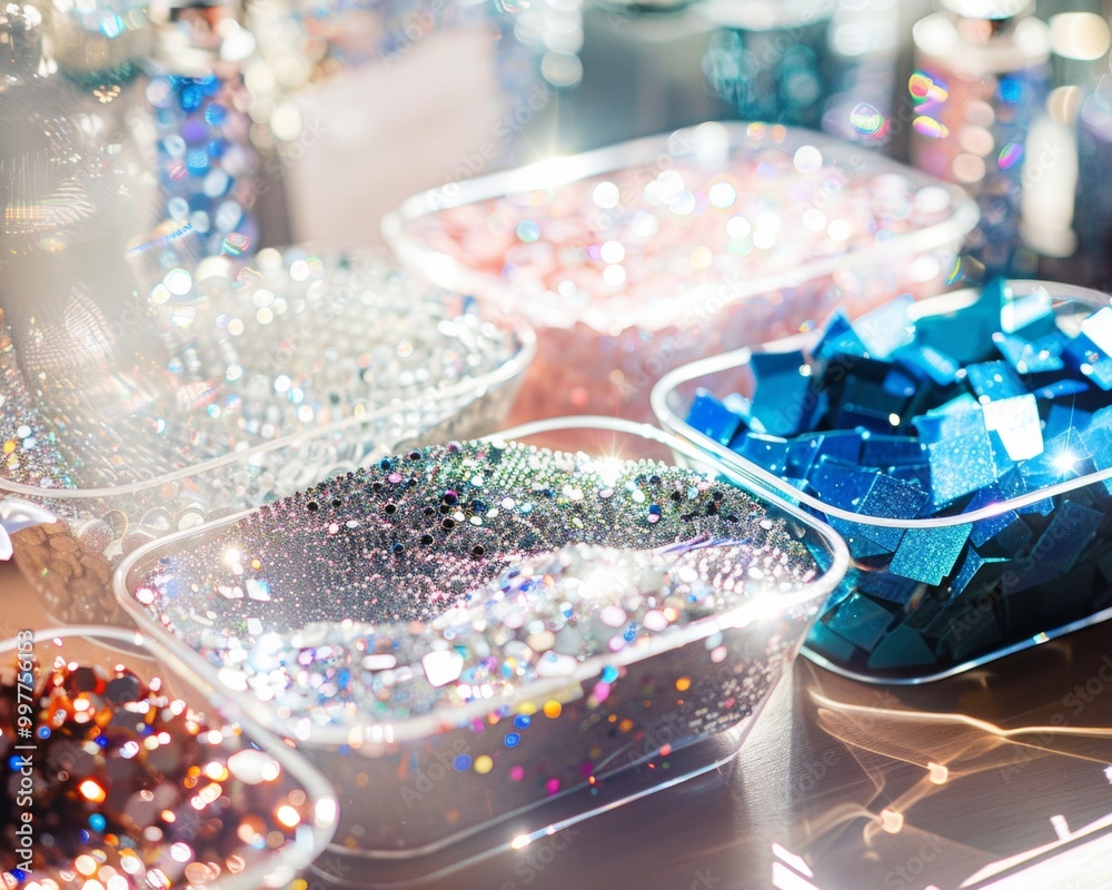Poster colorful collection of beads and sequins sparkling in natural light on wooden table for crafting