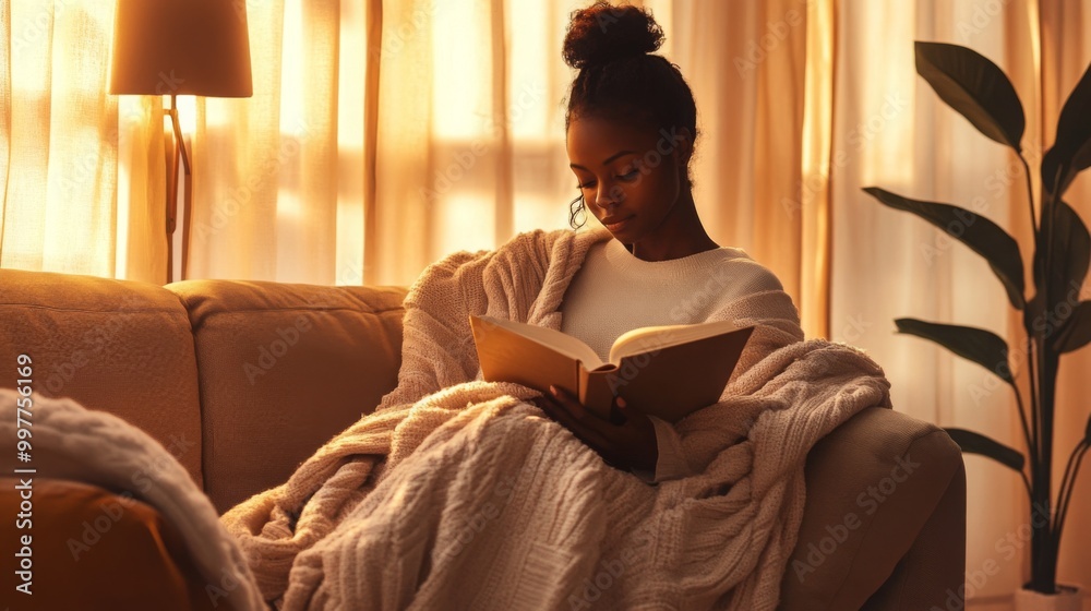 Poster a young woman relaxes on a comfortable couch, wrapped in a soft blanket while enjoying a book during