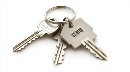 A set of house keys with a house-shaped keychain, shown against a plain white background.