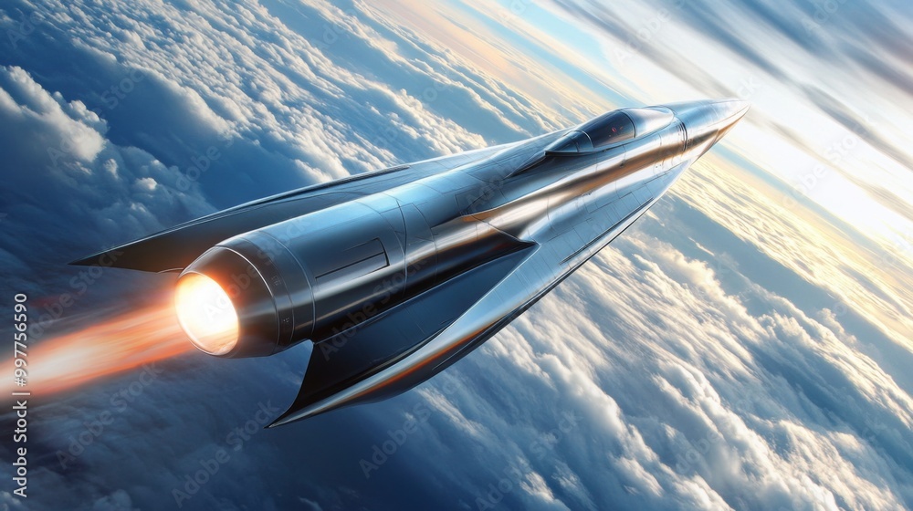Poster a futuristic spacecraft glides through the sky, leaving a trail of flames as it navigates above clou