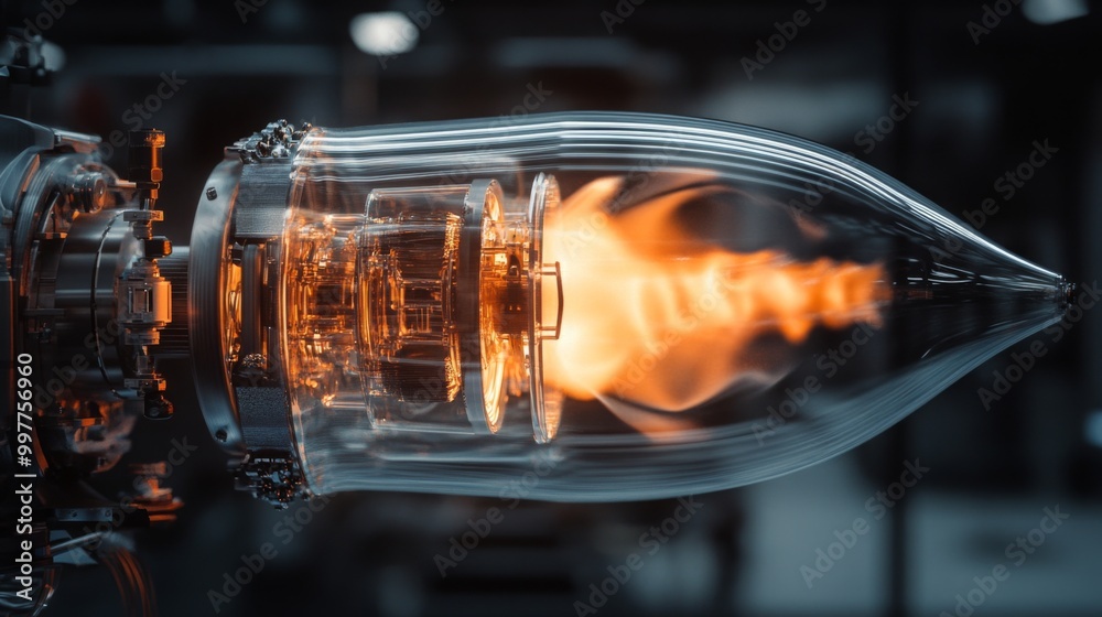 Poster A rocket engine ignites, producing a bright orange flame that is visible through a clear, cylindrical housing. The engine is connected to a larger structure, which is partially obscured by the flame.