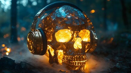 A crystal skull with cracked reflective headphones, surrounded by fog, glowing softly beneath the towering trees of a mystical forest under the night sky