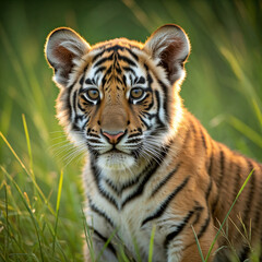 Obraz premium tiger in the grass. portrait of a royal bengal tiger. close up of little cub tiger. tiger lying in a land.