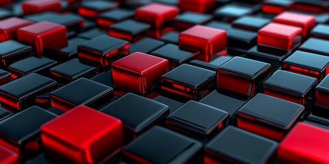 Abstract composition of red and black cubes.