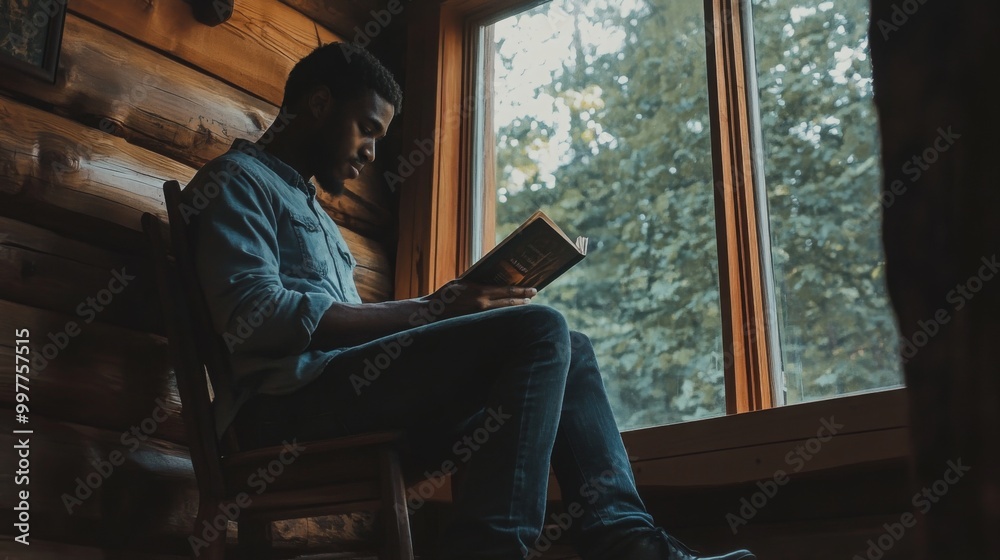 Poster a young man sits in a rustic cabin, absorbed in a book. sunlight streams through the large window, c