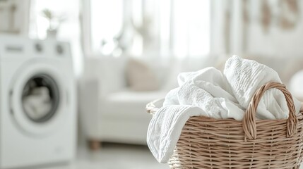 Basket of Clean White Laundry in Focus with Blurred Washing Machine and Drying Rack Background