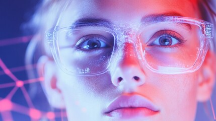 Futuristic Teen in Modern Office with Clear Glasses in Evening Lighting