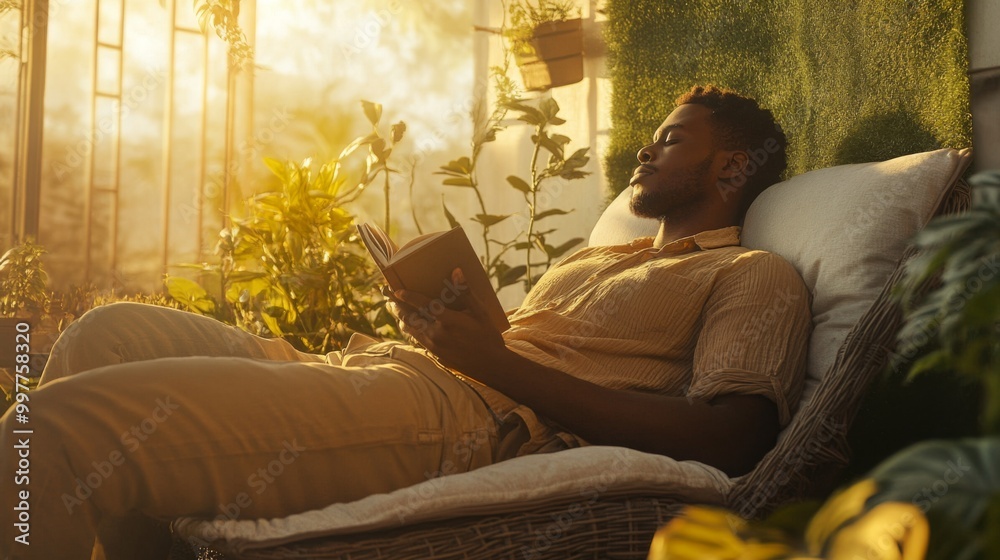 Poster a young man is reclining in a comfortable chair surrounded by lush greenery, immersed in a book as t