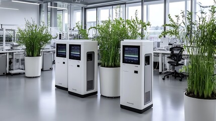 Modern Office Interior with Green Plants and Technology Equipment
