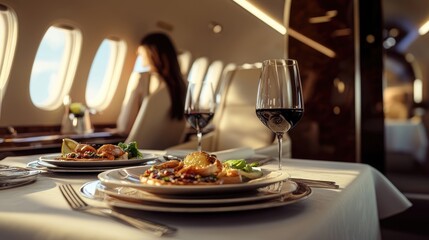 Fototapeta premium Luxury Private Jet Interior with Passengers Enjoying Fine Dining. Elegant Table Settings and Gourmet Cuisine