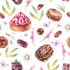 Dessert pattern. Watercolor patterns with sweets and flowers on a white background. Hand drawn desserts. Dessert for textile design, fabrics, logos, cards and invitations