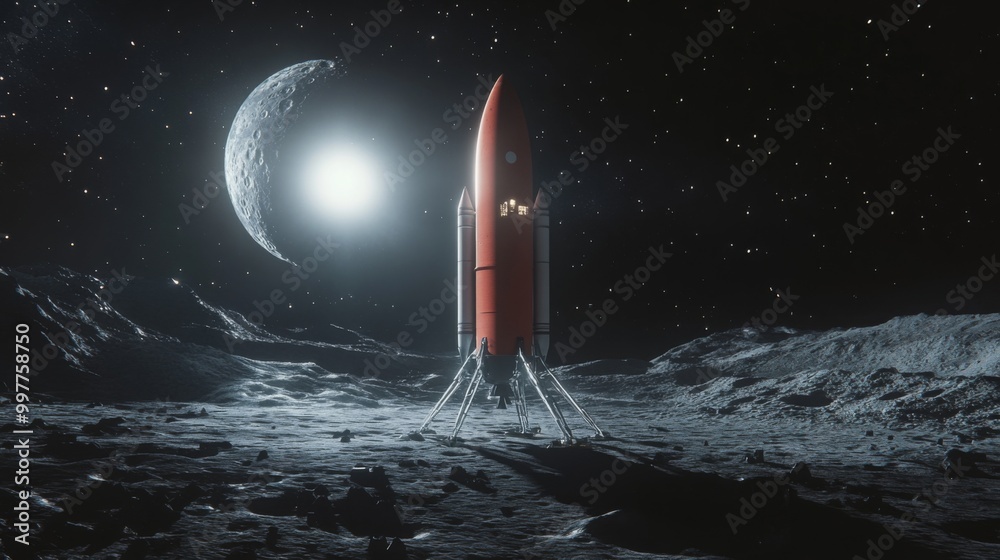 Poster a rocket stands majestically on the moon's surface illuminated by a bright celestial body. the lunar