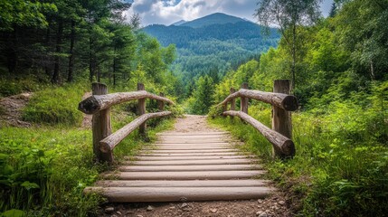 A scenic hiking trail crossing over a wooden bridge surrounded by a dense forest and breathtaking mountain views