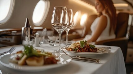 Luxury Private Jet Interior with Passengers Enjoying Fine Dining. Elegant Table Settings and Gourmet Cuisine