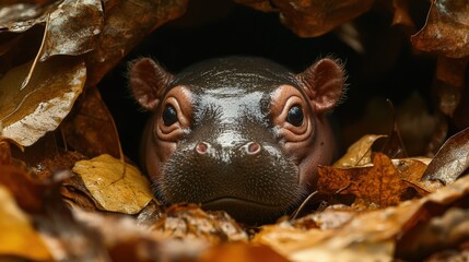 Obraz premium Baby hippopotamus hidden in foliage, captivating wildlife photography.