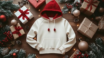 Fototapeta premium Festive Blank White Pullover Hoodie Mockup Surrounded by Christmas Elements in Ultra HD Quality