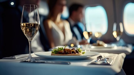 Obraz premium Luxury Private Jet Interior with Passengers Enjoying Fine Dining. Elegant Table Settings and Gourmet Cuisine