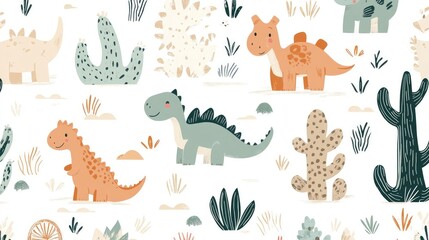 Obraz premium Minimalist Cute Doodle Dinosaurs, Plants, and Mountains Pattern Design