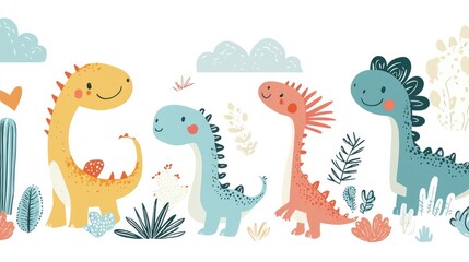 Obraz premium Minimalist Cute Doodle Dinosaurs, Plants, and Mountains Pattern Design