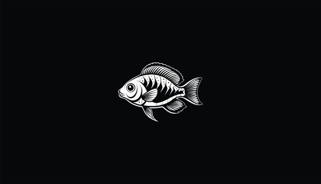 recommend clip art: Keyhole Cichlid Fish, Circular Design, Black Background, White Outline, Distinctive Marking Illustration, Detailed Aquatic Art
