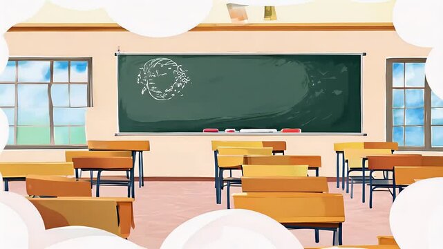 An empty classroom neat desks chairs black chalkboard presented watercolor animestyle illustration creating peaceful educational atmosphere seamless 4K looping virtual