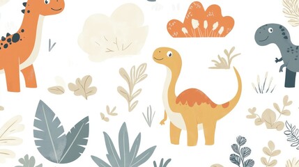 Minimalist Cute Doodle Dinosaurs, Plants, and Mountains Pattern Design