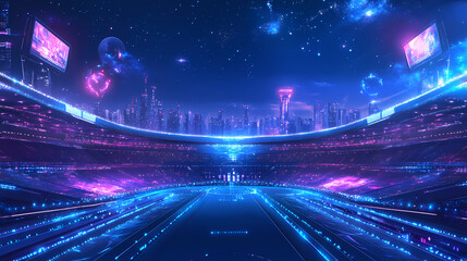 Obraz premium Futuristic olympic world. galactic stadiums, cyborg athletes uniting ancient and modern sports, wide banner. Cyborg Revolution. Illustration