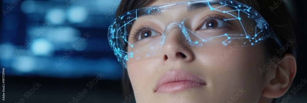 Poster East Asian Female Data Scientist Utilizing AI Hologram in High-Tech Morning Lab