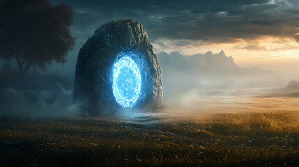 Fototapeta premium Glowing stone portal in a misty field at sunrise. Mythical Portal. Illustration