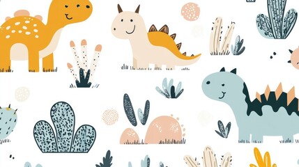 Minimalist Cute Doodle Dinosaurs, Plants, and Mountains Pattern Design