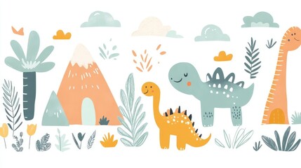 Minimalist Cute Doodle Dinosaurs, Plants, and Mountains Pattern Design