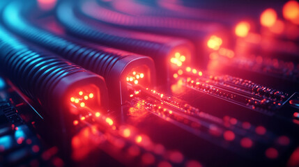 Colorful cables and wires illuminated by vibrant lights create a dynamic and lively atmosphere, symbolizing connectivity and innovation in engineering, technology, and modern communication systems