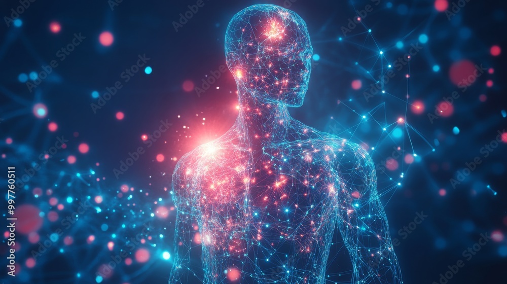 Poster A digital rendering shows a human figure composed of interconnected lines and glowing points, creating a vibrant network of light