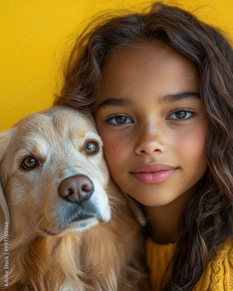 Wall mural girl and dog portrait.