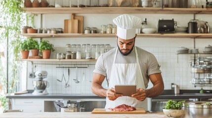 Muscular South Asian Man in Retro Chefs Hat Prepares Carnivore Diet Dish in Modern Vintage Kitchen, Using Digital Meat Thermometer and Tablet, Daytime, Thoughtful Mood