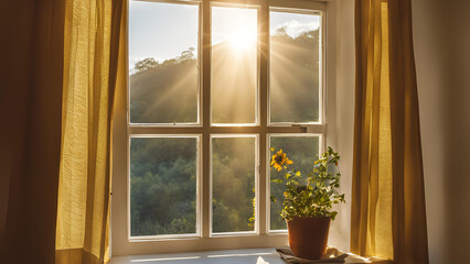 the light of the rising sun comes in through the window