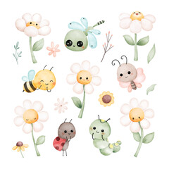 Watercolor Illustration Set of Cute Insects and Flowers Character