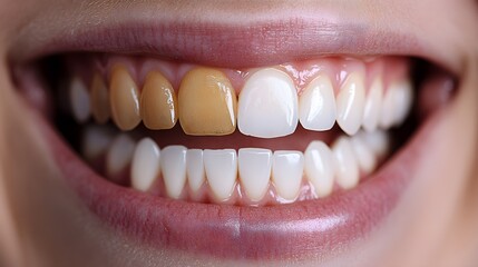 Fototapeta premium Before-and-after teeth transformation, showing yellowed, uneven teeth pre-treatment and a bright, perfectly aligned smile post-dental procedure
