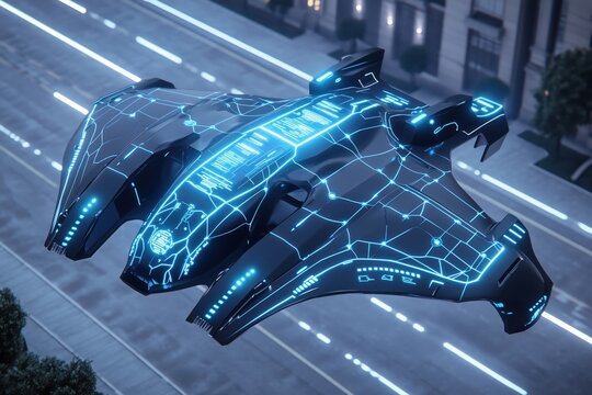 Futuristic City Airship: Sleek, black spaceship with glowing blue circuitry, soaring above a futuristic cityscape at night.  A captivating image of advanced technology and urban exploration.